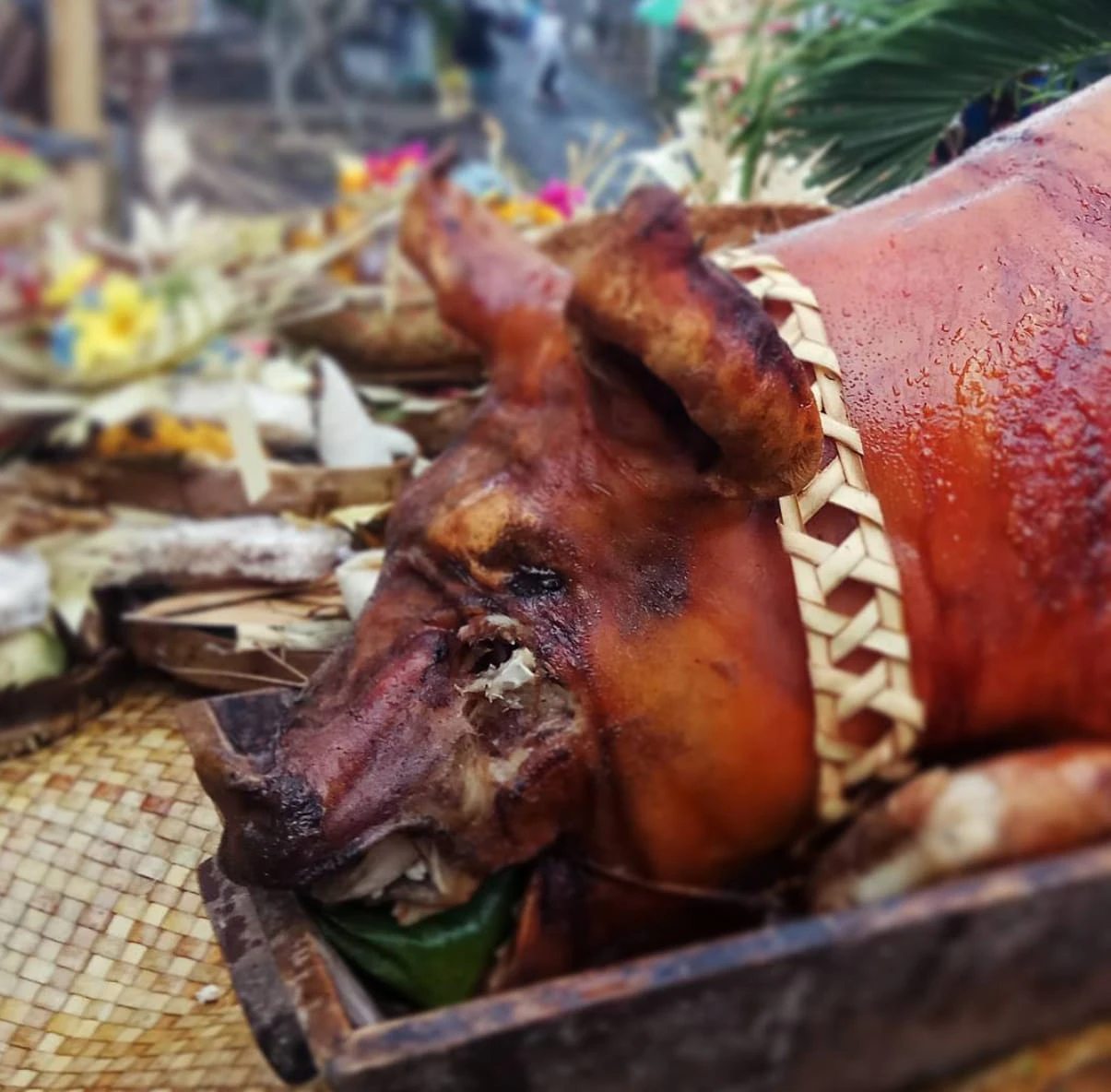A whole Balinese roast suckling pig presented on a woven tray