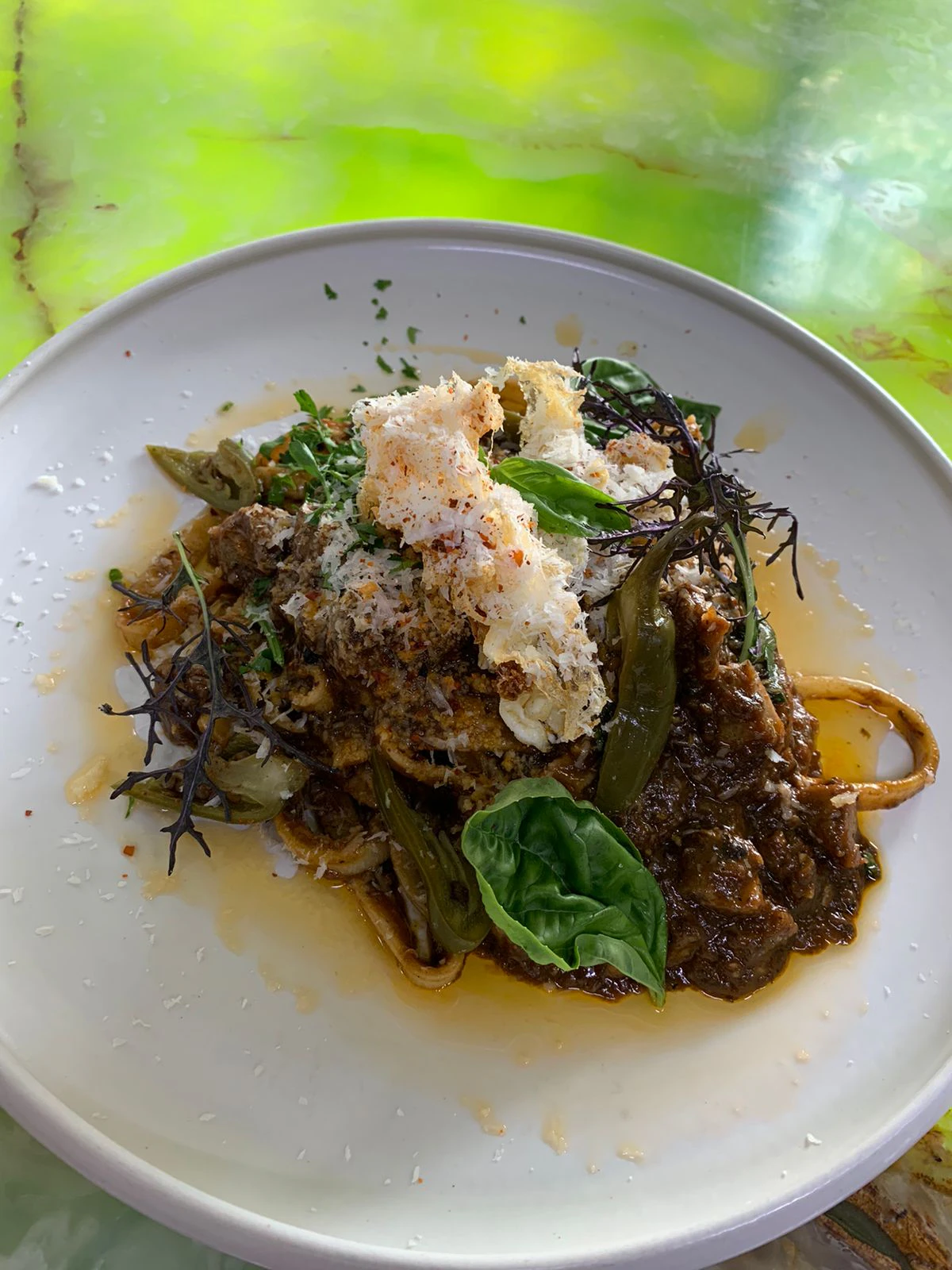 Beef ragu pasta finished with shaved parmesan and basil