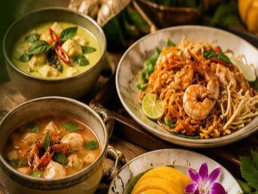 Thai green curry, tom yum goong and pad thai with prawns, with mango sticky rice