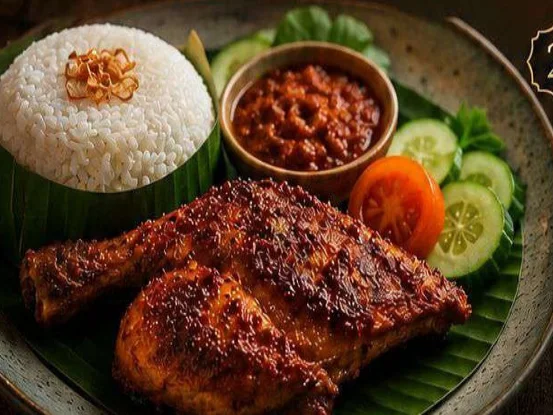Ayam taliwang Lombok style, grilled chicken with sambal, steamed rice and fresh vegetables