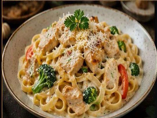 Chicken fettuccine in creamy sauce with broccoli and parmesan
