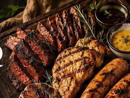 A grill board of sliced beef steak, grilled chicken and sausages with BBQ sauce and lemon garlic butter