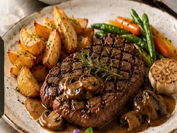 Grilled sirloin steak with brown mushroom sauce, roast potato wedges and seasonal vegetables
