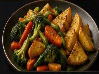 Sauteed seasonal vegetables with broccoli, carrot and triangle potatoes